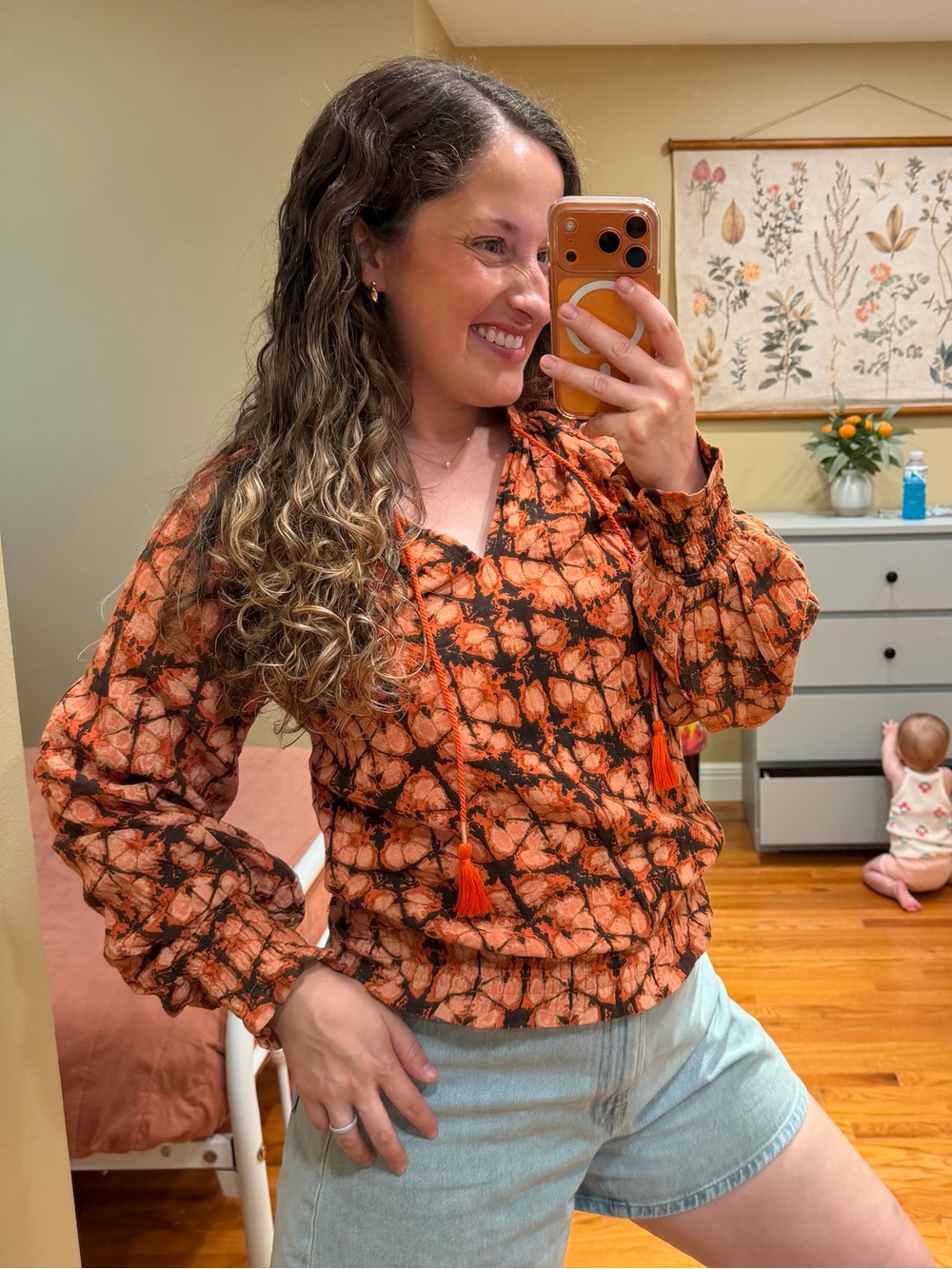 Anthropologie Cotton Orange & Black Tie-Dye Pullover Blouse Top Small - Picture 4 of 12